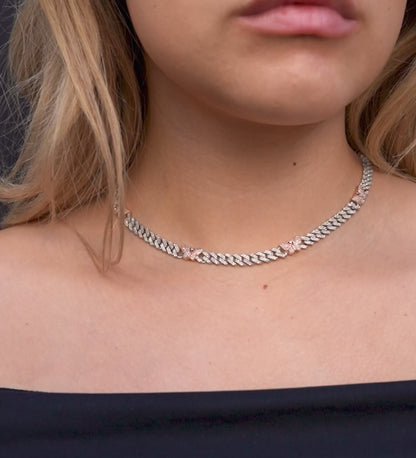 10K Rose & White Gold Diamond Butterfly Cuban Link Chain 7mm 4.15 ctw